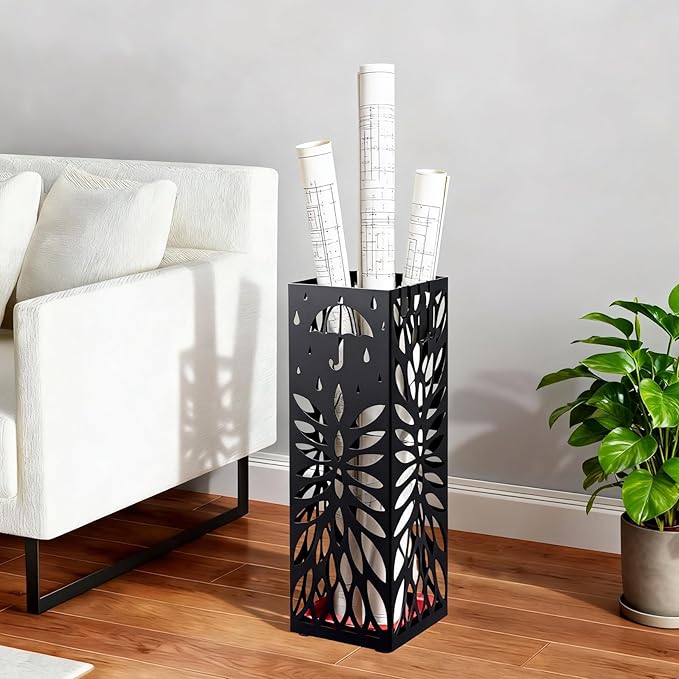 PrecisionAuto Versatile Metal Umbrella Stand for Entryway – Multi-Purpose Storage Rack – Cold-Rolled Steel, Removable Drip Tray & 4 Hooks – Stores Canes, Walking Sticks, Baseball Bats
