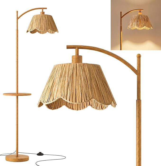 Oneach 63.5" Floor Lamp with Table for Living Room, Boho Rattan Standing Lamps with Foot Switch, Farmhouse Floor Lamp for Bedroom, Arc Tall Lamp with Metal Base&Pole, Bulb not Included, Woodgrain