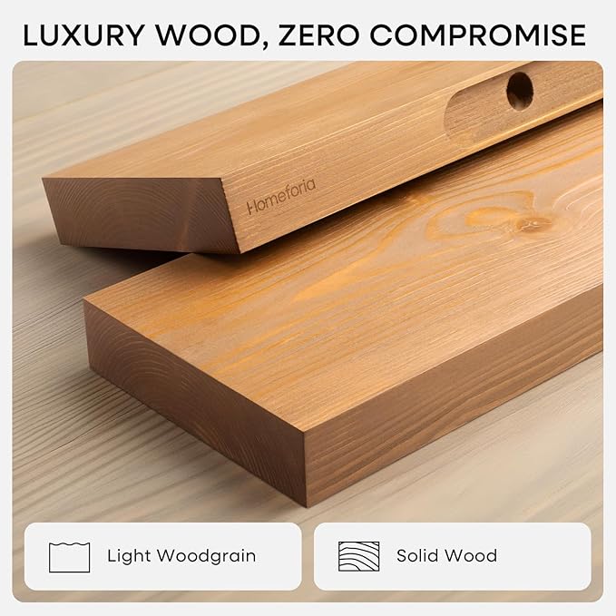 Homeforia 18 inch Golden Oak Floating Shelf, High End Solid Real Wood 18inch Small Floating Shelves for Wall Mounted, Oak Wooden 18in Floating Shelves, Heavy Duty Bracket, 18 X 6.5 X 1.75 in, Set of 2