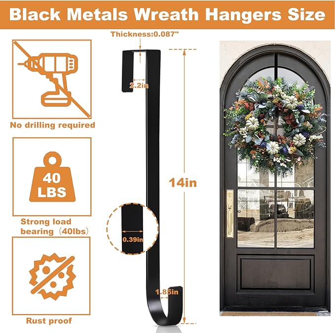 PECULA 4 Pack 14” Wreath Hangers for Front Door, Wreath Door Hanger 40lb Load-Bearing, Metal Wreath Hanger for Welcome Sign, Door Wreath Hanger for Halloween, Easter, Christmas Decorations (Black)