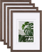 Egofine A4 Picture Frames Set of 4, Made of Solid Wood Covered by Plexiglass 5x7 and 6x8 with Mat or A4 without Mat, for Table Top Display and Wall Mounting Photo Frame Brown