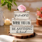 Yuntau 4 Pcs Farmhouse Flower Wooden Table Decor Farmhouse Tiered Tray Decor Rustic Faux Decorative in a World Where You Can Be Anything Be Kind Block Sign Inspired Centerpiece for Home Shelf