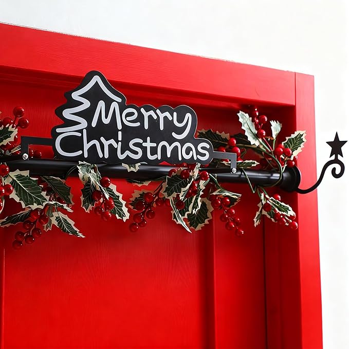 MorningRo 35.5" - 63" Christmas Garland Hanger for Front Door Adjustable Wreath Hanger No Nails or Screws Heavy Duty Black Metal Hook with Christmas Sign for Different Door Holding Wreath Xmas Decor