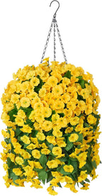 Artificial Faux Hanging Flowers Basket for Spring Summer Outdoor Porch Decor, Fake Silk Colorful Morning Glory Eucalyptus in Planter UV Resistant Look Real for Home Balcony Yard(Yellow)