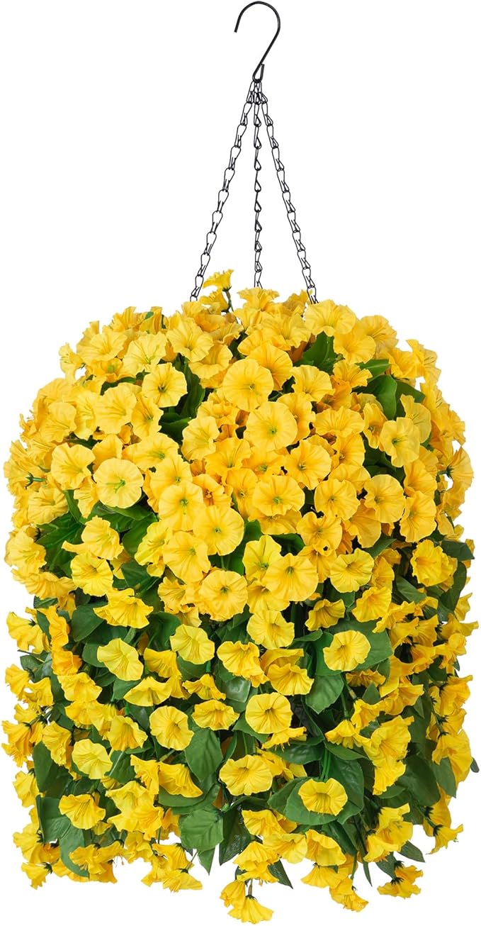 Artificial Faux Hanging Flowers Basket for Spring Summer Outdoor Porch Decor, Fake Silk Colorful Morning Glory Eucalyptus in Planter UV Resistant Look Real for Home Balcony Yard(Yellow)