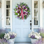 Spring Wreaths for Front Door 24 Inch Luxury Lavender Summer Wreath with Pink Ribbon,Artificial Peony & Rose Spring Door Wreath for Farmhouse Home Wall Porch Window Seasonal Display