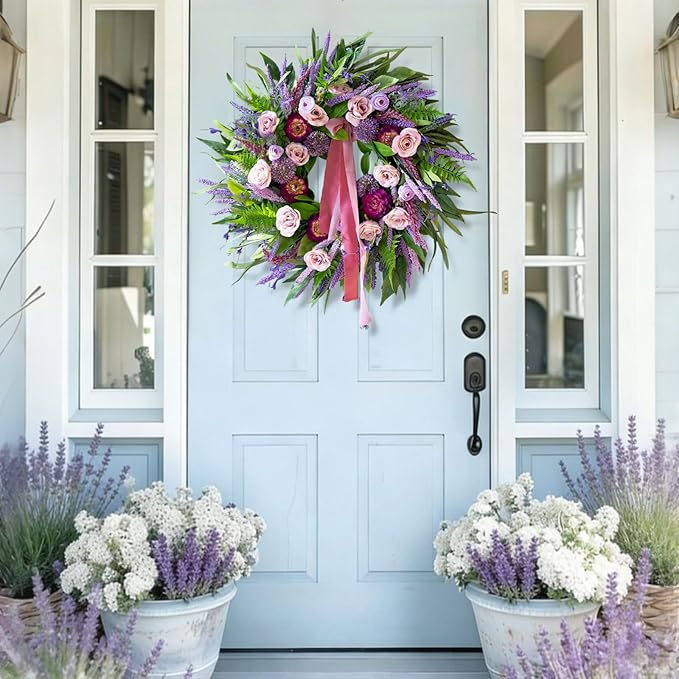 Spring Wreaths for Front Door 24 Inch Luxury Lavender Summer Wreath with Pink Ribbon,Artificial Peony & Rose Spring Door Wreath for Farmhouse Home Wall Porch Window Seasonal Display