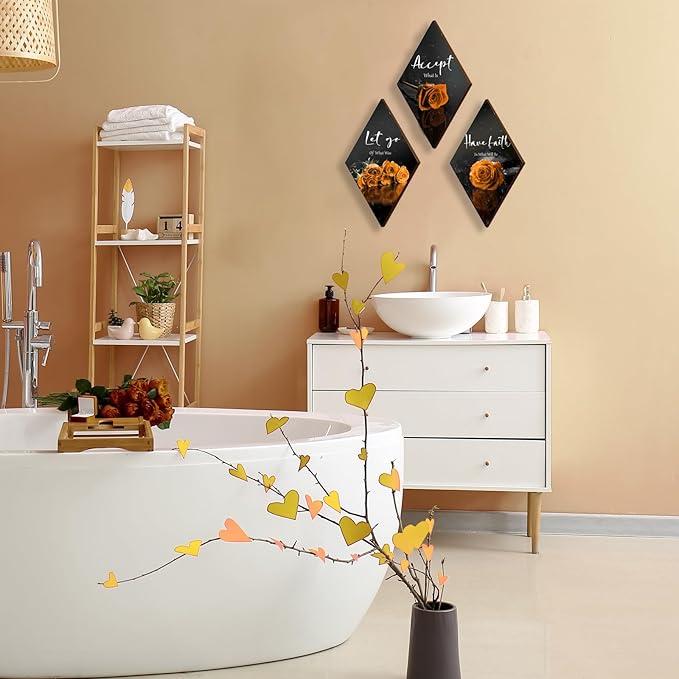 3 Pcs Orange Rose Bathroom Wall Decor Orange Decor Flower Wooden Inspirational Wall Art Bedroom Wall Decor with Accept Let Go Have Faith Sign for Bathroom Living Room Bedroom(12 x 7")