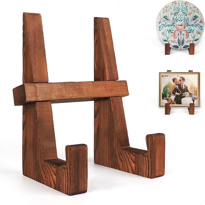 DEBETOOL Wooden Plate Stand - 8.8inch Wood Plate Holder Stand for Display, Rustic Wooden Picture Frame Holder Stand, Decorative Table Top Easels for Display