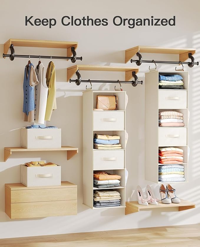 Pipishell Hanging Closet Organizer 6-Shelf, Hanging Shelves for Closet with 3 Removable Drawers & Side Pockets for Bedroom, Garment Rack and Wardrobe Organization, 12' x 12' x 43.3', White
