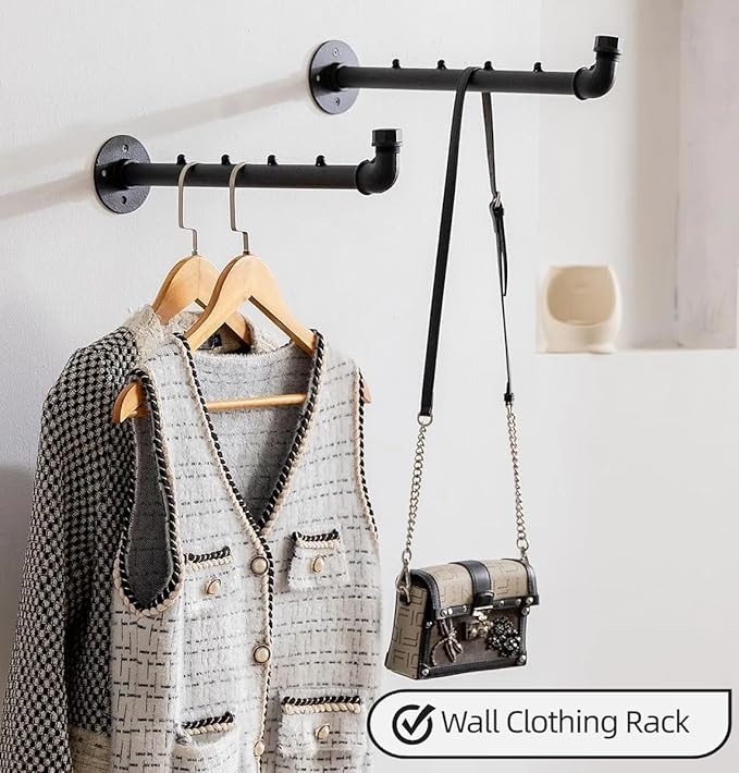 Industrial Wall Pipe Clothing Racks - Heavy Duty Metal Clothes Hanger with Hook, Wall-Mounted Garment Holder Racks,Wall Clothing Bar/Coat Hanging Rail/Hanging Rod for Closet Storage, 2 Pack, White