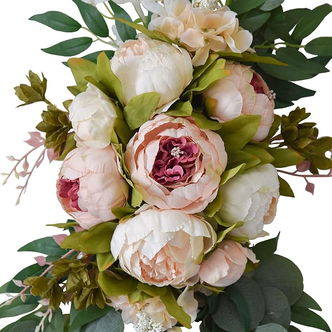 2 Pcs Wedding Arch Flowers Kit, Artificial Peony Flower Swag Backdrop Floral Garland Centerpieces, Champagne Peony Floral Swags Silk Hanging Peony Garland with Green Leaves Decor for Home(Pink)