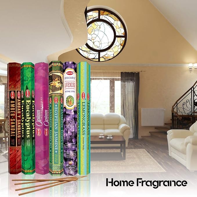 HEM assorted best sellers incense sticks pack of 6 - 120 Sticks, Fragrance - Lemongrass, Lavender, Egyptian Jasmine, Ambar Sandalo, Opium, Eucalyptus