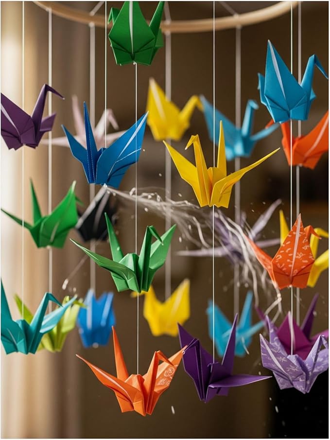 A Colorful Origami Crane Mobile Spinning in Soft Wind - Made in USA