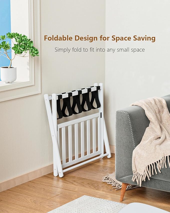 Luggage Rack, Folding Luggage Rack for Guest Room, Bamboo Suitcase Stand with Unique Magnetic Locking, Luggage Stand with Storage Shelf for Hotel, Bedroom, Guest Room, White, WT01XLG1