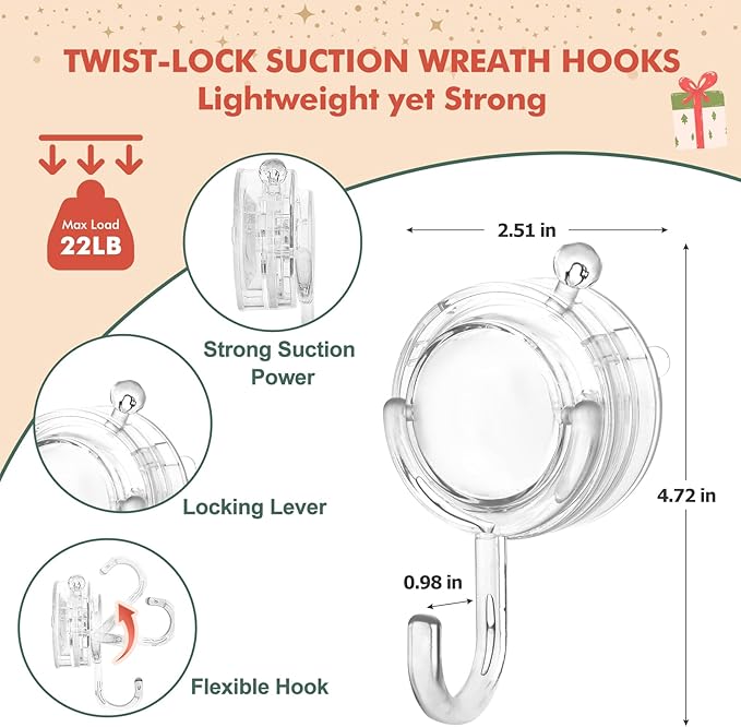VIS'V Wreath Hanger, Large Twist Lock Suction Cup Wreath Hooks, Heavy Duty, 22 LB Capacity, Removable and Reusable, Round, Clear, 4 Pcs