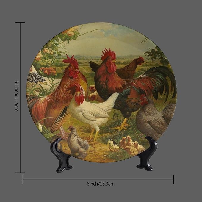 Rooster Decorative Plate Holder, 6 Inch, Rooster Hen Chick White Chicken Gathering Round Display Plate, Hanging Decorative Plate with Display Stand, for Home Kitchen Bedroom Decorative Ornaments