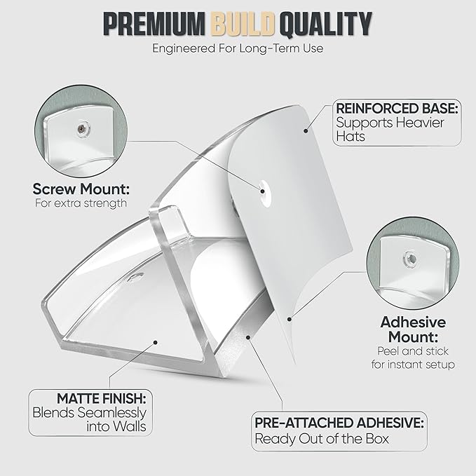 Modern JP Adhesive Hat Hooks for Wall (8-Pack) - Cowboy Hat Rack, Wide Brim Hat Organizer, Strong Hold Hat Hangers for Wall - Clear