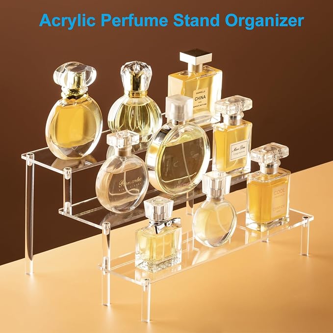 HENABLE Large Acrylic Display Risers, Perfume Stand Organizer, Clear Acrylic Shelf Risers for Display Stands for Food, Tabletop Use, Amiibo Funko POP Figure, 3 Tier Clear Cupcake Stand Risers