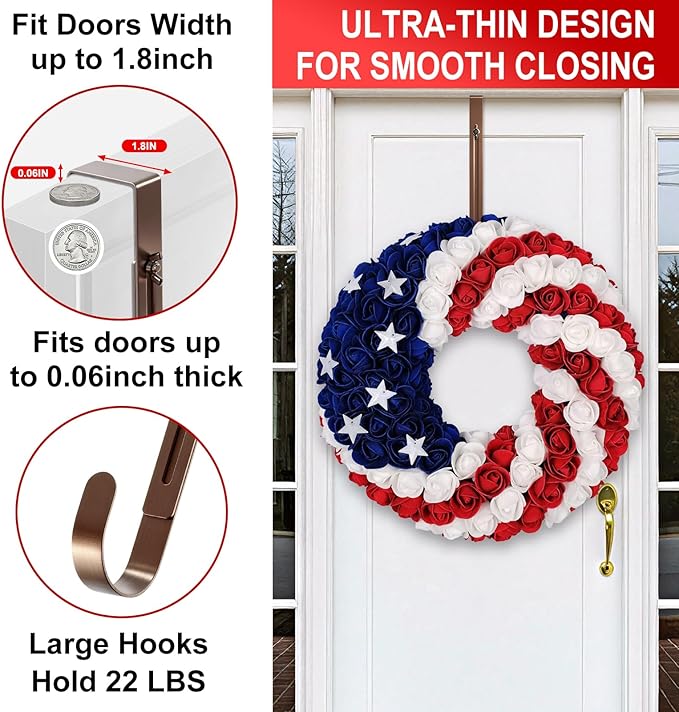 2-Pack Adjustable Wreath Hangers for Front Door Decor, 12.5-20" Heavy Duty Metal Over The Door Hooks (22 lbs) for Easter & Welcome Signs, Ultra-Thin Scratch-Free Holder for Tall & Storm Doors