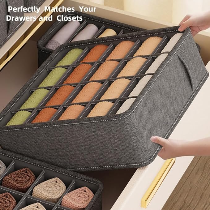 3 Pack Closet Underwear Organizer Storage Box, Drawer Fabric Foldable Cabinet Closet Storage Boxes for Storing Socks, Underwear, Ties, Belts (Dark Grey)