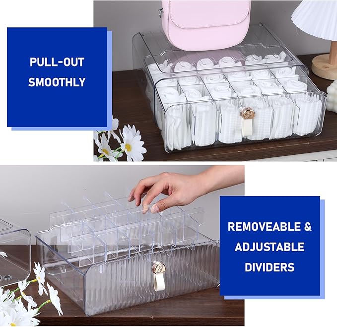 24 Cell Plastic Sock Organizer Underwear Drawer Organizer Acrylic Stackable Storage Drawer Underwear Storage Box with Dividers for Panties Closet Bra Baby Clothes Belts Ties Scarf