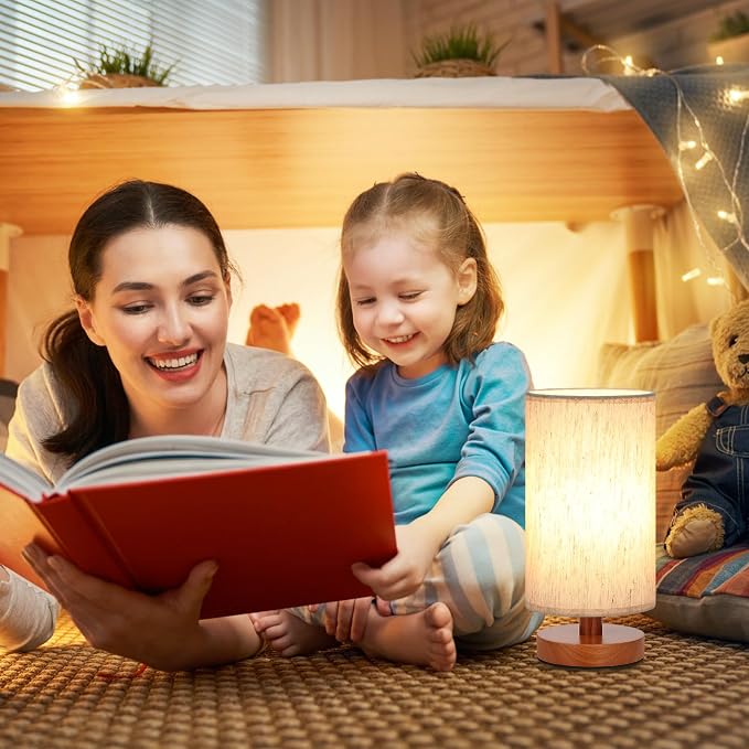 Fenmzee Small Table Lamp for Bedroom - Inline Control, Bedside Lamp with 3000K A15 LED Blub, Easy Assembly (Cream Shade - Walnut Base, 9" Inline Control)