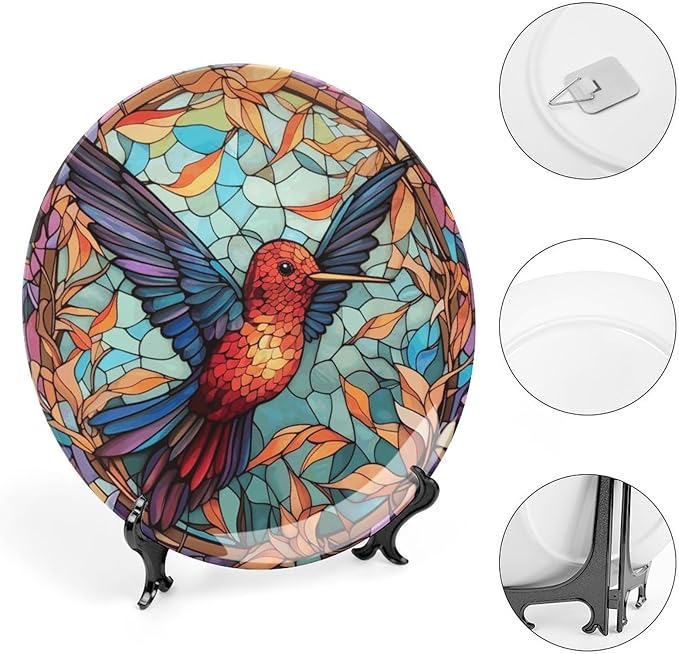 Decorative Plates for Home Decor, Colorful Stained Glass Design Hummingbird Decor Tray for Table Display, Ceramic Dinner Plate W/Stand, Living Room Decor, Gifts for Hummingbird Lovers, 7 Inch