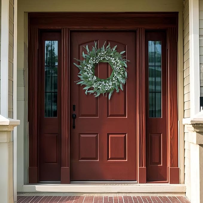 26'' Eucalyptus and Babys Breath Flowers Wreath for Front Door - Large Artificial Greenery Outdoor Wreath for Porch,Window,Farmhouse,Home,Hanging Decor- Spring, Summer, All Seasons (Green-White)