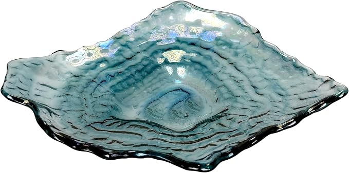 Things2Die4 Oyster Shaped Decorative Plate, 10 X 7.5 Inch Iridescent Sea Blue Glass Accent Dish for Coastal Table Decor, Freeform Wavy Shell Design for Entryway or Living Room