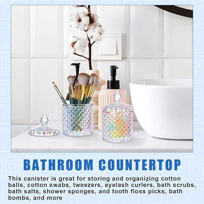 Aoriher 4 Pcs Crystal Glass Candy Jar Set with Lids Home Decorative Storage Jars for Apothecary, Bathroom, Kitchen, and Pantry, Ideal for Cotton Swabs and Jewelry(Medium,Rainbow)