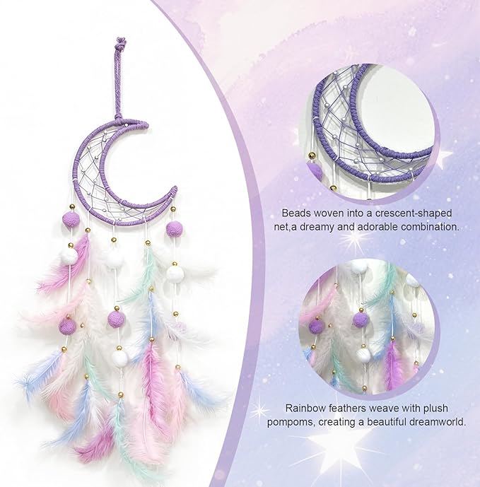 Dream Catcher Wall Hanging, Purple Boho Dreamcatcher Set with 12 Butterflies & 18 Stars - Peel and Stick Wall Decals for Bedroom, Girl's Room Decor, Birthday