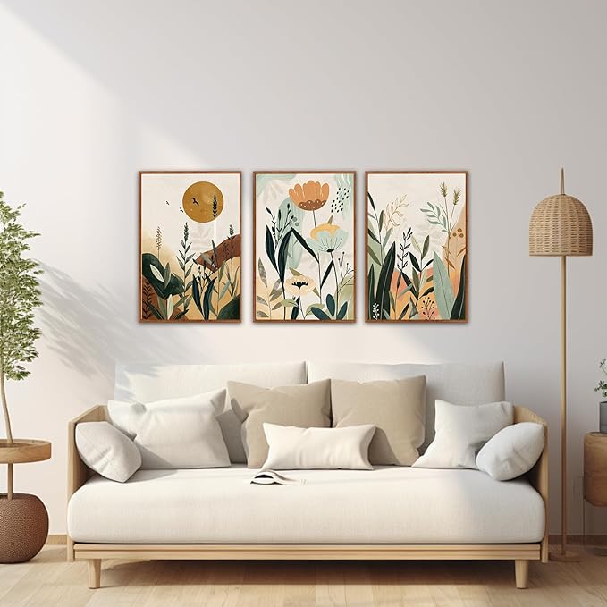 KAIRNE Neutral Floral Wall Art Set of 3,Framed Abstract Prints,Vintage Colorful Flower Canvas,Boho Botanical Artwork,Minimalist Farmhouse Decor for Living Room Bedroom Kitchen Office,16X24 inch