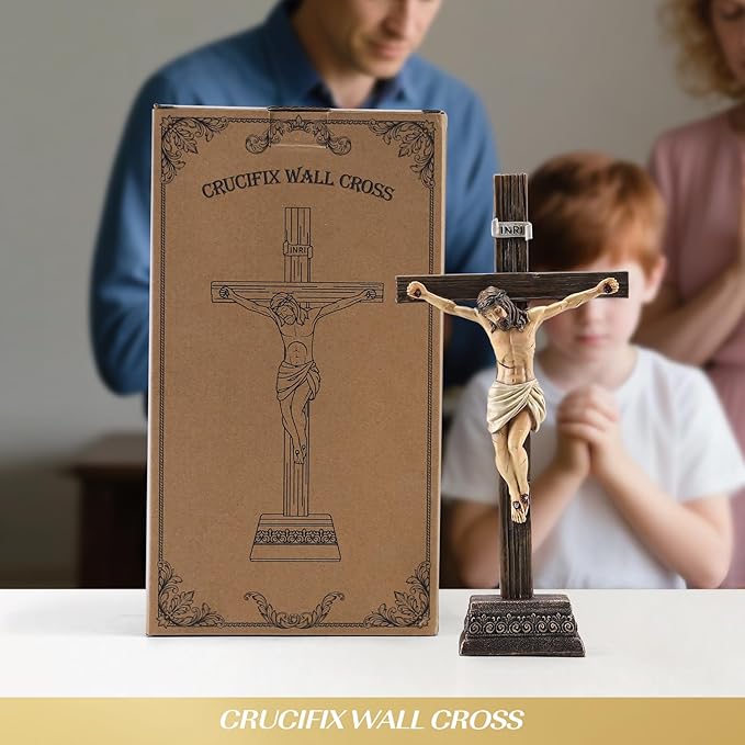 Magicsculp 10.8" H Jesus Crucifix Statue - Resin Standing Wall Cross Decoration, Praying Religious Figurine Jesus Christ Catholic Display, Hanging or Tabletop with Stand for Home Decor