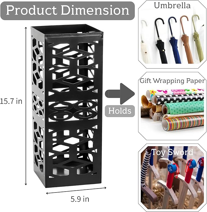 ZENFUN Metal Umbrella Holder Stand for Entryway, Square Umbrella Organizer, Walking Sticks Storage Bin Freestanding for Home, Office, Hotel, Black, 5.9 x 5.9 x 15.7 Inches