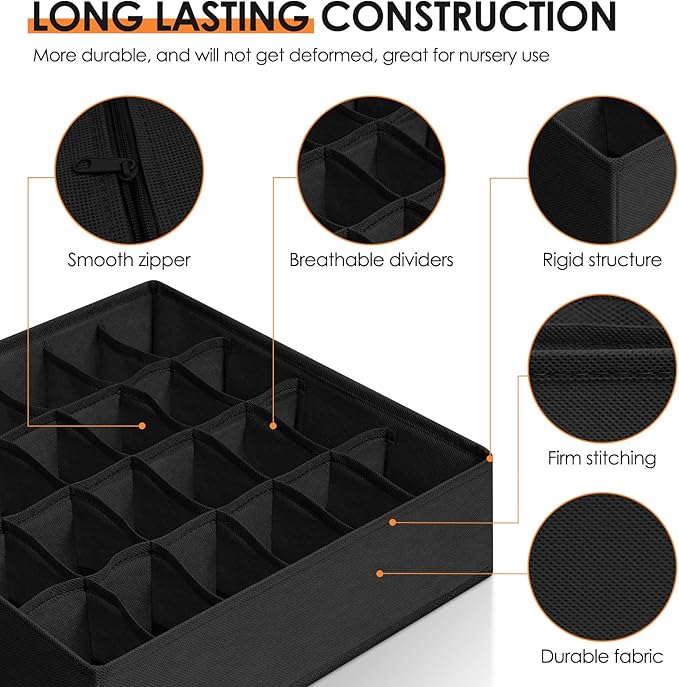 Criusia Drawer Organizer Clothes, 16 Pack Dresser Organizer Bins for Baby Clothes, Underwear Sock, Fabric Closet Organization and Storage Dividers for Nursery Bedroom (96 Compartments, Black)