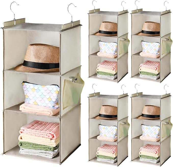 Leinuosen 4 Pack 3 Tier Hanging Closet Organizer Foldable 3 Shelf Closet Hanging Shelves with Side Pockets and Sturdy Hooks for Wardrobe Rv Nursery Small Closets Natural Beige