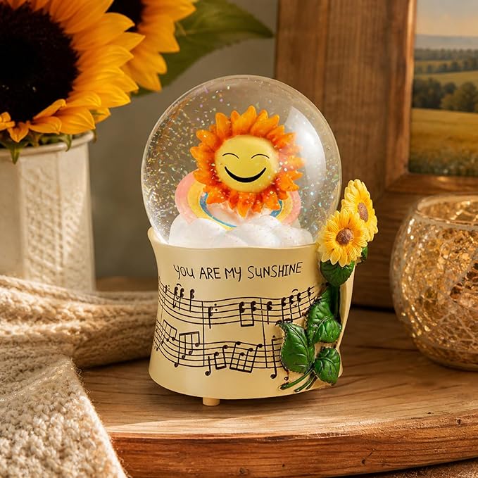You are My Sunshine Snow Globe Music Box with Colorful Lights, Sunflower Musical Snowglobe, Wind Up Resin Flower Music Box Gifts for Mom Wife Girlfriend Grandma Women Birthday Anniversary