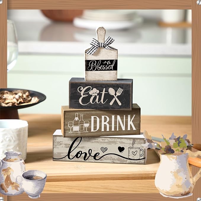 Moucuny 4 Pcs Farmhouse Kitchen Decor Wooden Plate Farmhouse Table Decor Black Brown and White Plate Tableware Centerpiece Rustic Decorative Plates Block Sign for Display Cabinet Kitchen Decoration