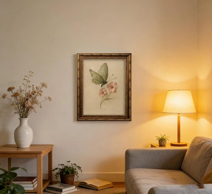 Vintage Gold Framed Wall Art, Retro Butterfly and Pink Flower Oil Painting Canvas Prints, Beige Insect Picture, Rustic Farmhouse Moth Cottagecore Poster Artwork for Living Room Bedroom Bathroom