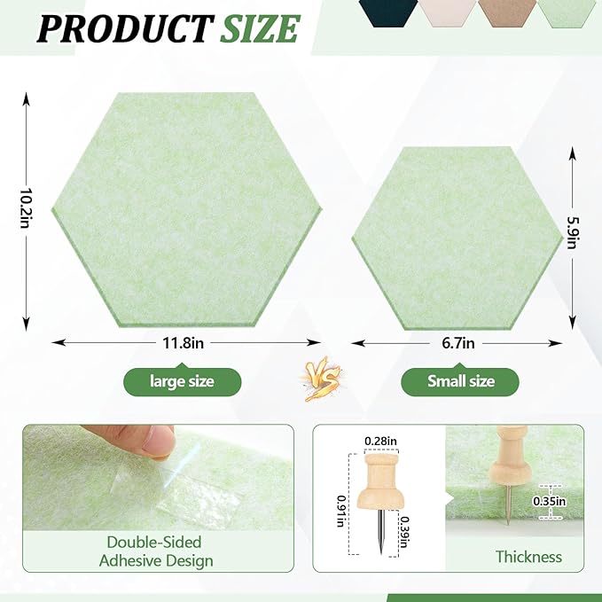 Mindsoft 16 Pcs Hexagon Cork Board for Walls with 50 Wooden Push Pins 12x10 in Felt DIY Tiles Notice with Nano Tape Hanging Bulletin Board for Home Photo Office Memo Note (Green)