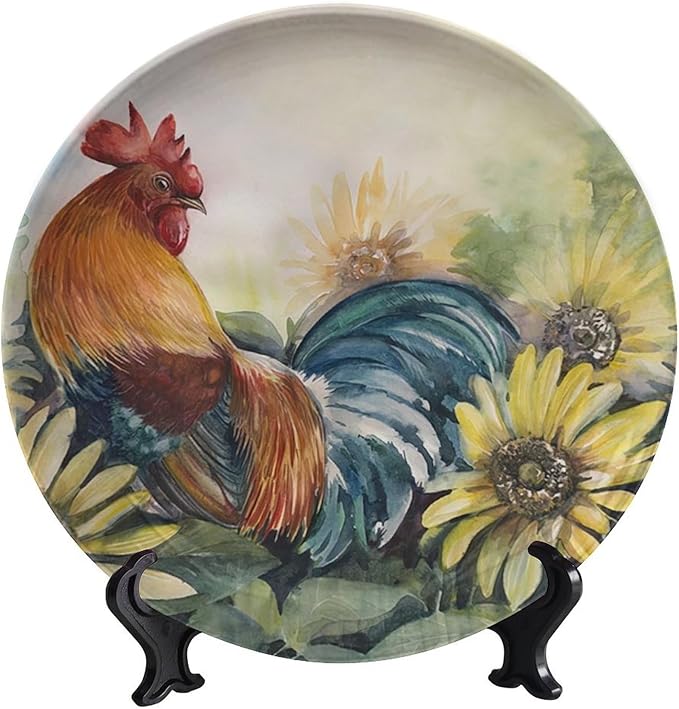 Rooster Decorative Ceramic Plates, 6 Inch, Sunflower Rooster Round Display Plate, Handmade Ceramic Ornament, for Home Kitchen Bedroom Decorative Ornaments