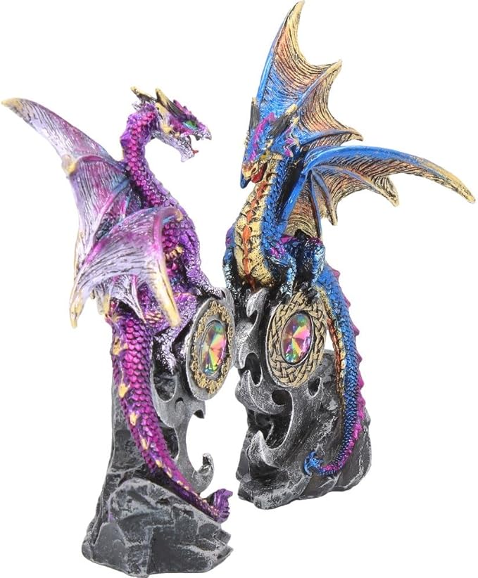 Nemesis Now Realm Protectors Dragon Figurines, Set of Two, Hand-Painted Resin, Fantasy Crystal Ornaments Collectible Decor, 15cm