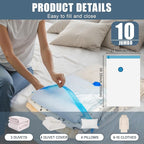 10 Jumbo Vacuum Storage Bags, Vacuum Seal Bags for Clothing Space Saver Compression Storage Bag with Hand Pump Extra Large for Clothing Travel Comforters Blankets Pillow Bedding Duvets Clothes