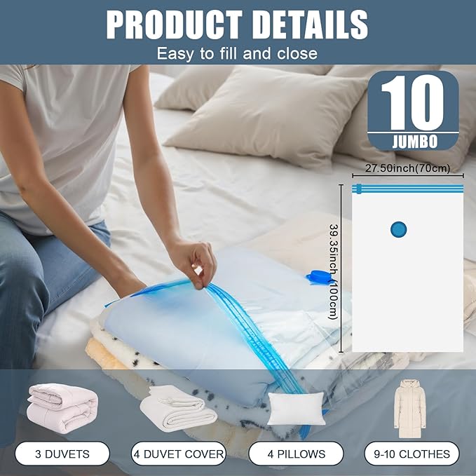 10 Jumbo Vacuum Storage Bags with Electric Pump, Vacuum Seal Bags for Clothing Space Saver Compression Storage Bag Large for Clothing Travel Comforters Blankets Pillows Bedding Duvets Clothes
