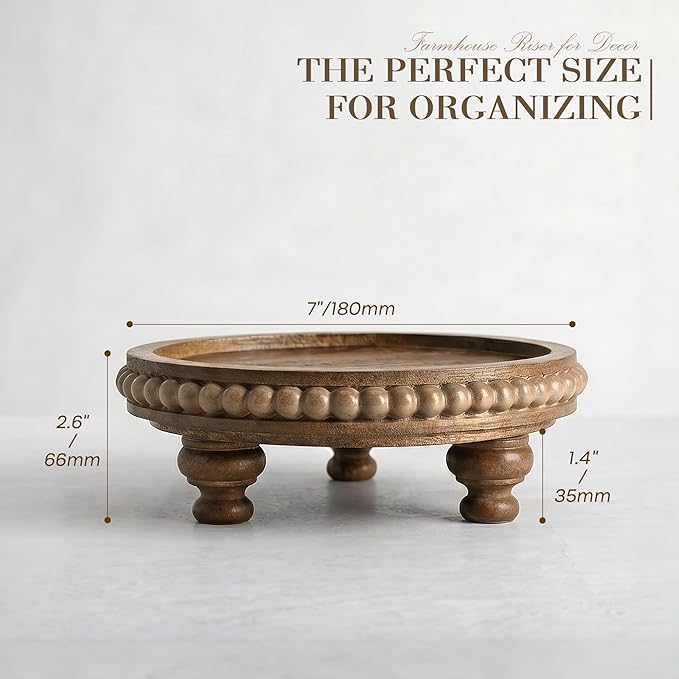 EOSAHR Pine Round Wood Riser for Room Decor – Retro Beaded Pedestal Tray for Plant Stand, Perfume Organizer, Cake Stand – Farmhouse Boho Bathroom & Kitchen Counter Accent(Brown)