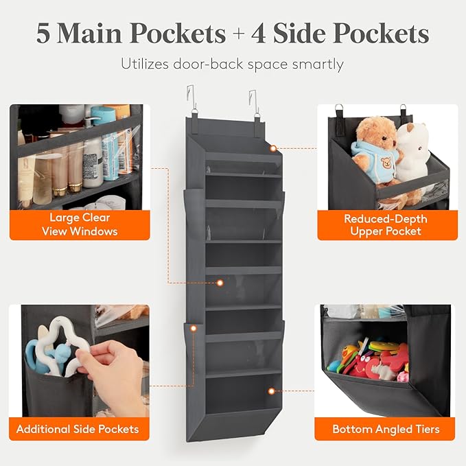 Lifewit 1 Pack Over the Door Organizer, Clear Window Hanging Storage with 4 Side Pockets, Anti Tilt 40 lbs Load Behind Door for Pantry, Nursery, Bathroom, Bedroom, Dorm, 5 Section, Gray