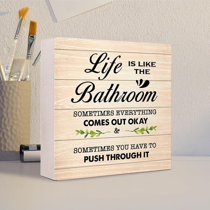 Burlywood Life is Like The Bathroom Wooden Box Sign Desk Decor,Funny Bathroom Wood Block Sign for Farmhouse Toilet Shelf Decor