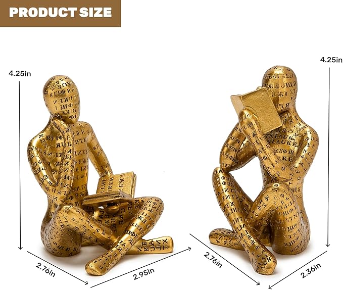 Antique Gold Reading Thinker Statue, Set of 2 Bookshelf Decor Abstract Art Thinker Sculptures, Modern Aesthetic Figurine Home Decoration Ornaments for Living Room Office Shelf Coffee Table Desk Decor