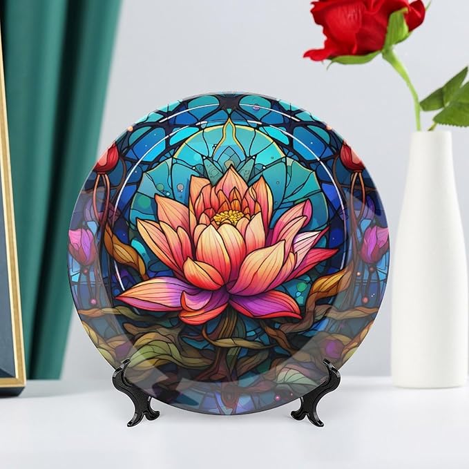 Stained Glass Design Gothic Mandala Lotus Decorative Plates Home Decor Ceramic Plates, Dinner Plates Display for Living Room, Kitchen, Hallway Console Side Table, Presents for Lotus Lover, 10 Inch